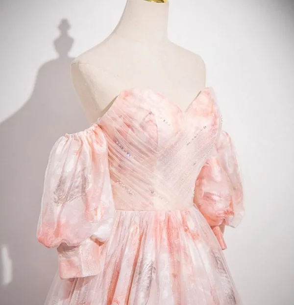 Chic / Beautiful Blushing Pink Printing Prom Dresses 2025 A-Line / Princess Strapless Short Sleeve Backless Floor-Length / Long Prom Formal Dresses