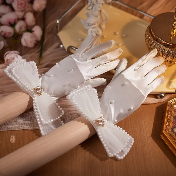 Vintage / Retro Ivory Pearl Bow Satin Bridal Gloves 2026 Wedding