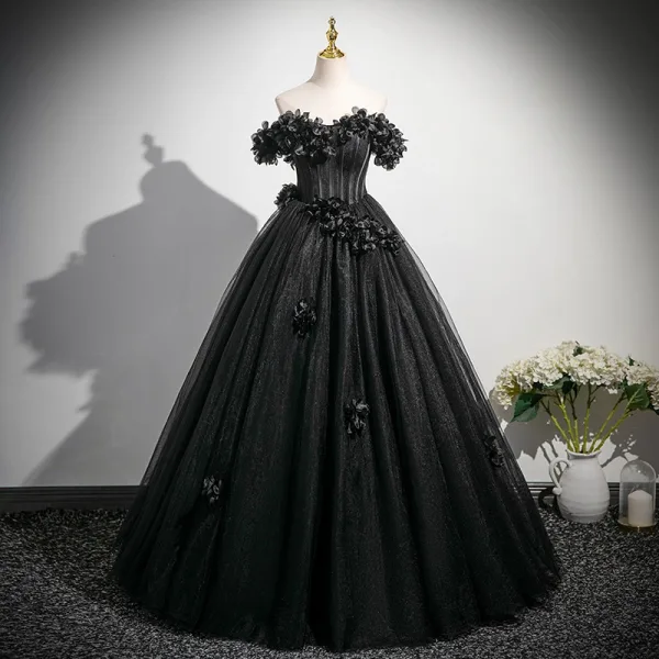 Elegant Black Appliques Prom Dresses 2025 Ball Gown Off-The-Shoulder Short Sleeve Backless Floor-Length / Long Formal Dresses
