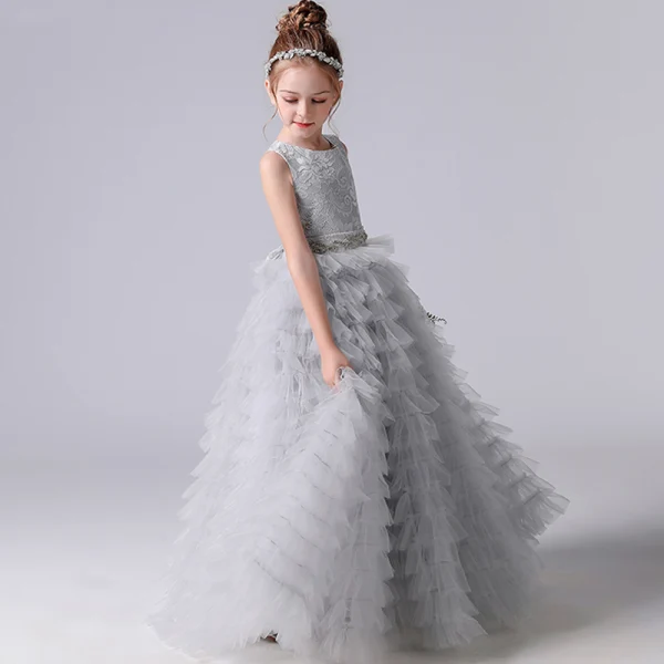 Chic / Beautiful Grey Cascading Ruffles Birthday Flower Girl Dresses 2022 A-Line / Princess Scoop Neck Sleeveless Bow Sash Floor-Length / Long Flower Girl Dresses