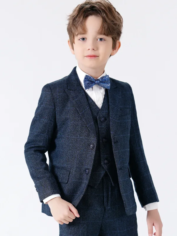 Modern / Fashion Navy Blue Long Sleeve 5-piece Boys Wedding Suits 2023 Wedding Coat Pants Shirt Tie Vest