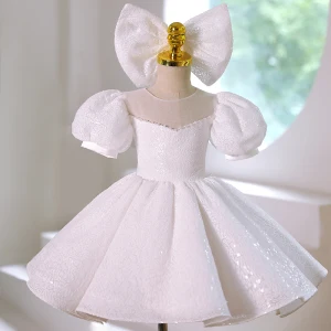 Brillante Marfil Lentejuelas Perla Cumpleaños Vestidos Para Niñas 2022 Trumpet Mermaid Scoop Escote Hinchado Manga Corta Bowknot Cortos Vestidos Para Niñas