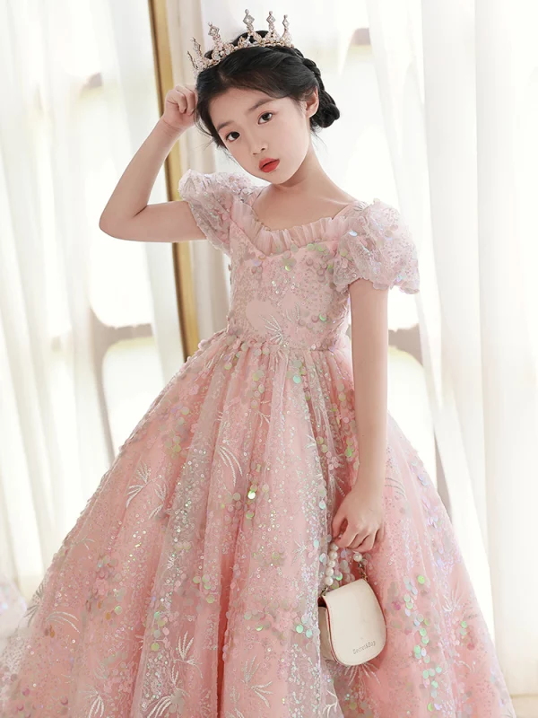 Chic / Belle Rougissant Rose Anniversaire En Dentelle Paillettes Robe Ceremonie Fille 2022 Princesse Encolure Carrée Gonflée Manches Courtes Dos Nu Longue Robe Ceremonie Fille