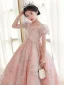 Chic / Belle Rougissant Rose Anniversaire En Dentelle Paillettes Robe Ceremonie Fille 2022 Princesse Encolure Carrée Gonflée Manches Courtes Dos Nu Longue Robe Ceremonie Fille