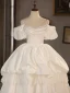Vintage / Retro Ivory Cascading Ruffles Pearl Wedding Dresses 2024 Satin Ball Gown Spaghetti Straps Puffy Short Sleeve Backless Floor-Length / Long Wedding