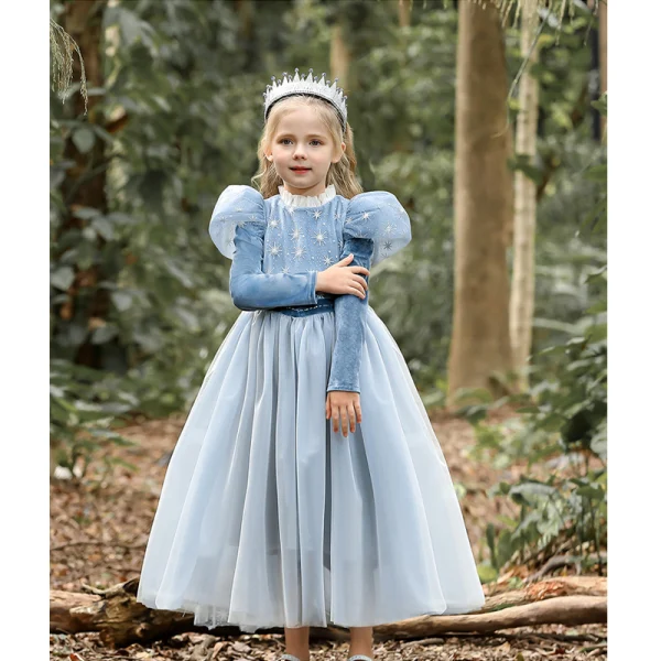 Fashion Sky Blue Star Sequins Birthday Flower Girl Dresses 2023 A-Line / Princess High Neck Puffy Short Sleeve Tea-length Flower Girl Dresses
