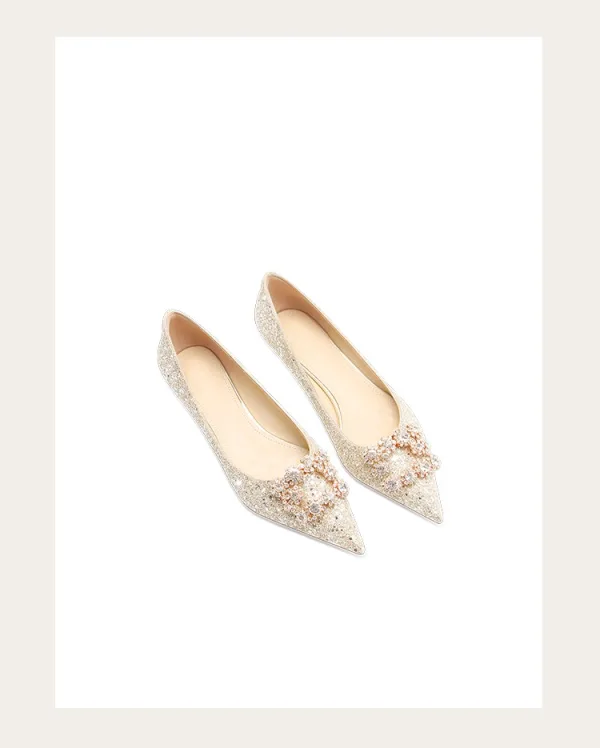 Bling Bling Gold Rhinestone Sequins Flat Wedding Shoes 2024 Pointed Toe Wedding Heels