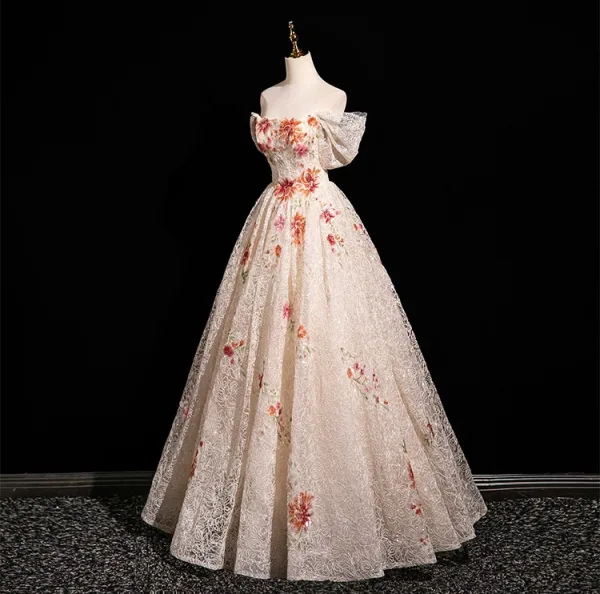Chic / Belle Champagne Paillettes En Dentelle Fleur Robe De Bal 2025 Princesse De l'épaule Manches Courtes Dos Nu Longue Tulle Robe De Ceremonie