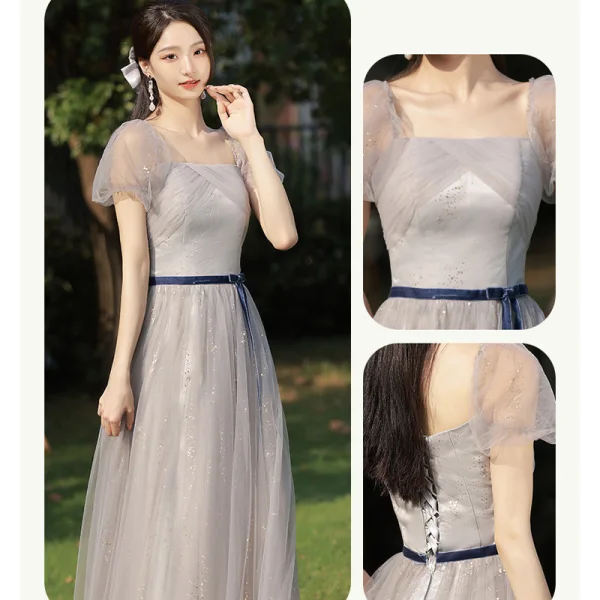 Modest / Simple Grey Bow Sash Bridesmaid Dresses 2023 A-Line / Princess Square Neckline Short Sleeve Floor-Length / Long Bridesmaid Dresses