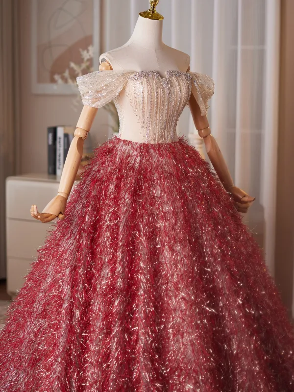 Fashion Red Beading Sequins Tassel Prom Dresses 2026 Ball Gown Off-The-Shoulder Short Sleeve Backless Floor-Length / Long Formal Dresses