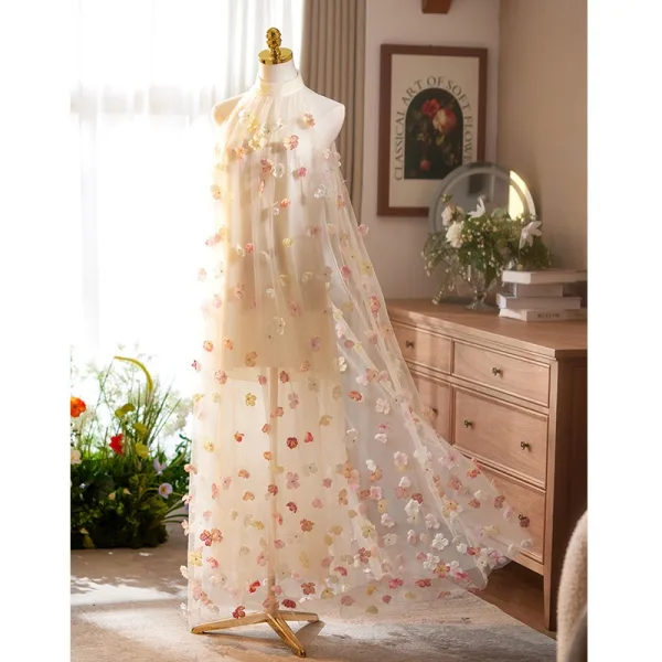 Flower Fairy Blushing Pink Appliques Prom Dresses 2025 A-Line / Princess High Neck Sleeveless Floor-Length / Long Tulle Formal Dresses
