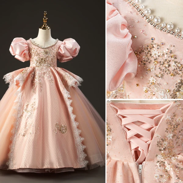 Luxury / Gorgeous Candy Pink Beading Pearl Star Sequins Birthday Flower Girl Dresses 2022 Ball Gown Scoop Neck Puffy Short Sleeve Backless Sweep Train Flower Girl Dresses