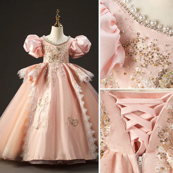Charmant Haut de Gamme Rougissant Rose Anniversaire Robe Ceremonie Fille 2022 Robe Boule Encolure Dégagée Gonflée Dos Nu Manches Courtes Perlage Perle Faux Diamant Paillettes Longue Robe Ceremonie Fille