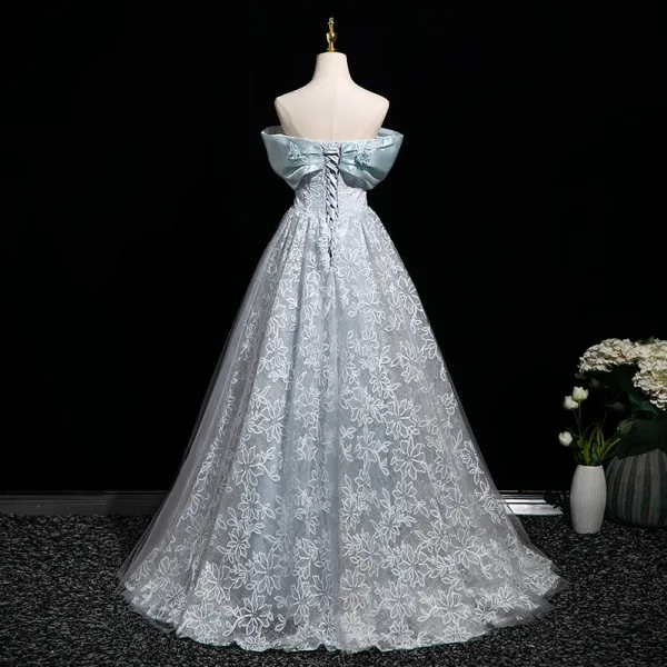 Chic / Beautiful Sky Blue Appliques Prom Dresses 2025 A-Line / Princess Strapless Floor-Length / Long Tulle Backless Prom Sleeveless Formal Dresses