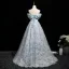 Chic / Beautiful Sky Blue Appliques Prom Dresses 2025 A-Line / Princess Strapless Floor-Length / Long Tulle Backless Prom Sleeveless Formal Dresses