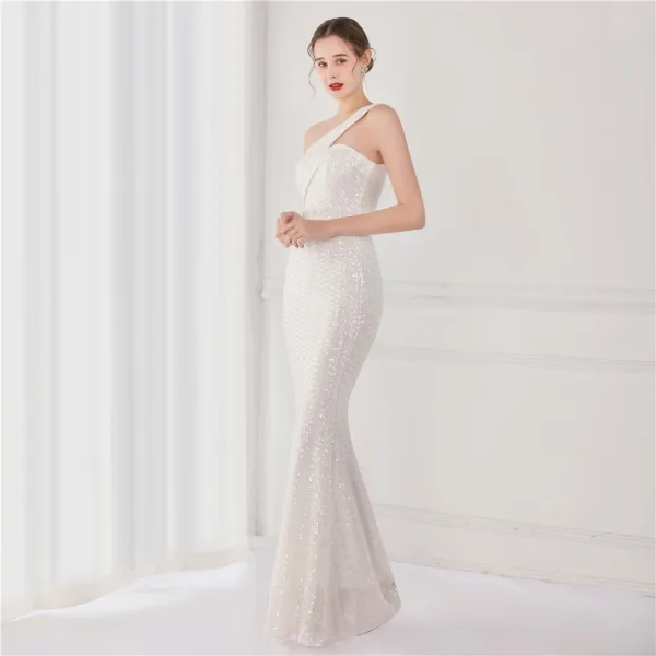 Sparkly Beige Sequins Evening Dresses 2022 A-Line / Princess One-Shoulder Sleeveless Backless Floor-Length / Long Evening Party Formal Dresses