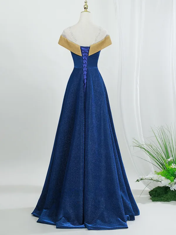 Vintage Ocean Blå Glittriga / Glitter Balklänningar 2026 Prinsessa Urringning Korta ärm Halterneck