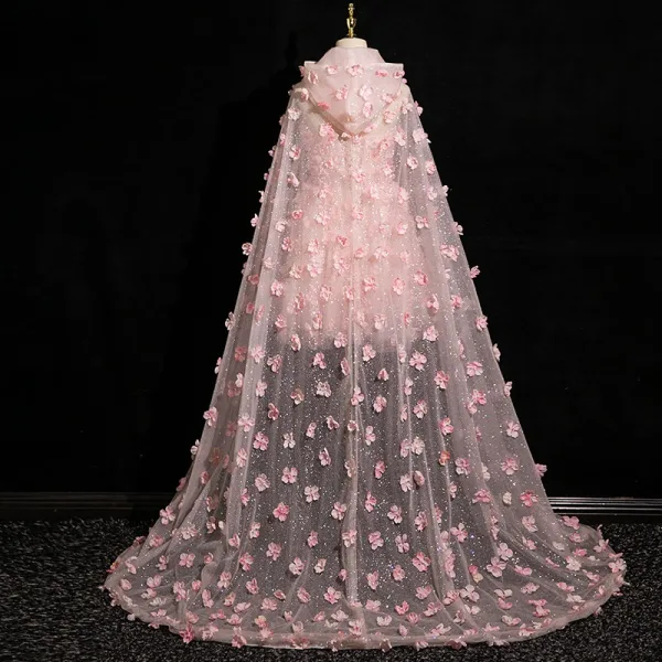 Flower Fairy Blushing Pink Appliques With Cloak Short Prom Dresses 2024 A-Line / Princess Strapless Sleeveless Backless Prom Formal Dresses