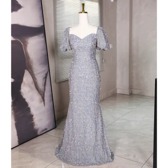 Scintillantes Gris Perlage Paillettes Robe De Bal 2024 Trompette Sirène Encolure Carrée Manches Courtes Dos Nu Longue Promo Robe De Ceremonie