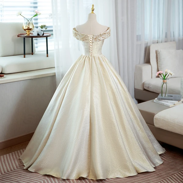 Elegant Champagne Prom Dresses 2022 Ball Gown Off-The-Shoulder Beading Sequins Sleeveless Backless Floor-Length / Long Prom Formal Dresses