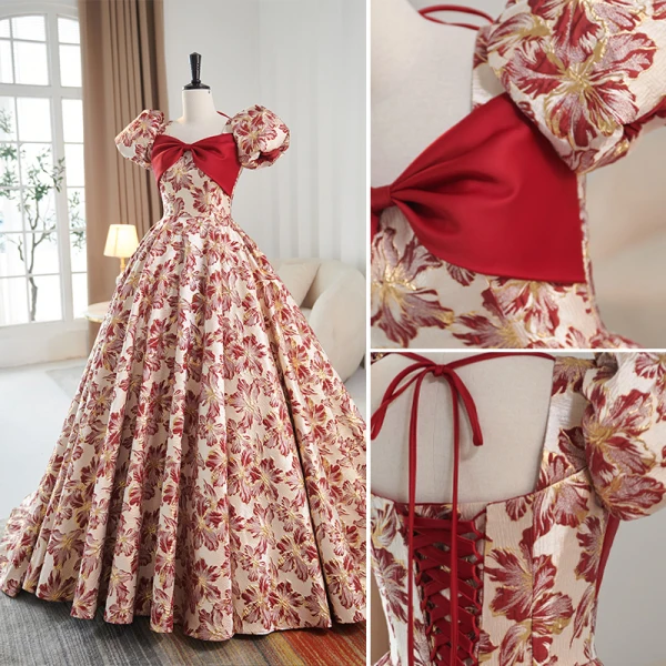 Elegant Burgundy Printing Prom Dresses 2023 Ball Gown Square Neckline Bow Short Sleeve Backless Sweep Train Prom Formal Dresses