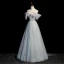 Charming Sage Green Beading Prom Dresses 2023 A-Line / Princess Off-The-Shoulder Bow Short Sleeve Backless Floor-Length / Long Formal Dresses