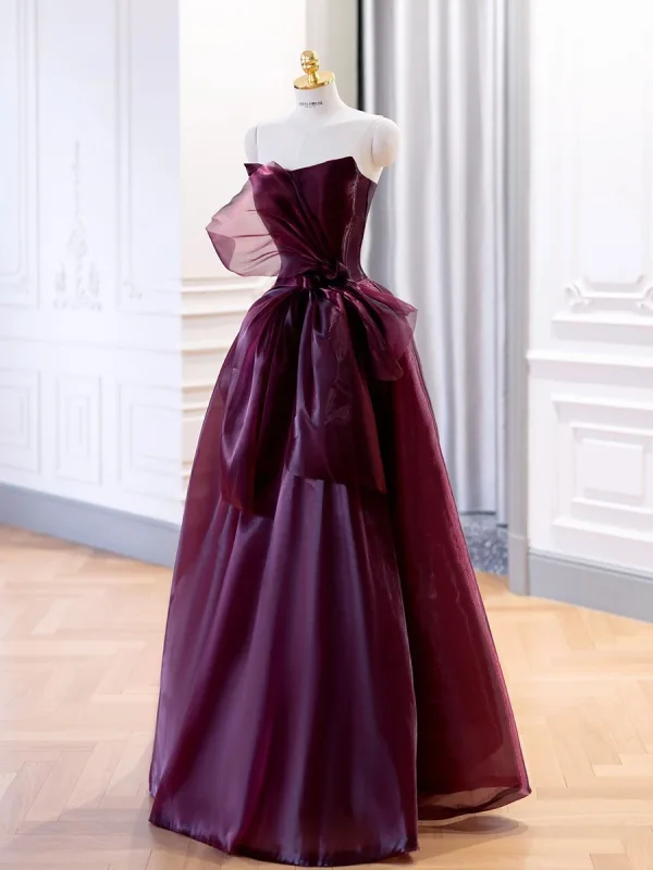 Fashion Burgundy Bow Prom Dresses 2025 A-Line / Princess Strapless Sleeveless Backless Floor-Length / Long Prom Formal Dresses