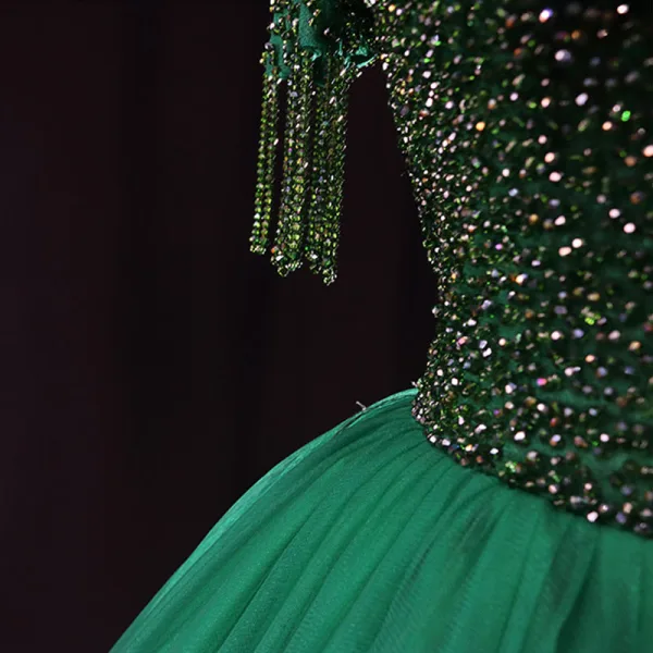 Haut de Gamme Vert Fait main Perlage Paillettes Robe De Bal 2022 Robe Boule Col Haut Faux Diamant Gland Manches Courtes Dos Nu Longue Robe De Ceremonie