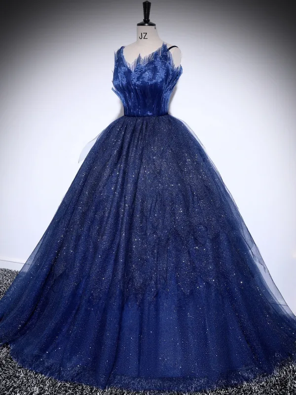 Vintage / Retro Sequins Navy Blue Prom Dresses 2025 Ball Gown Spaghetti Straps Sleeveless Backless Floor-Length / Long Formal Dresses