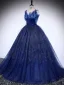 Vintage / Retro Sequins Navy Blue Prom Dresses 2025 Ball Gown Spaghetti Straps Sleeveless Backless Floor-Length / Long Formal Dresses