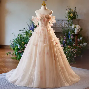 Chic Belle Rougissant Rose Appliques Robe De Bal 2025 Robe Boule De L Épaule Manches Courtes Dos Nu Train De Balayage Promo Robe De Ceremonie