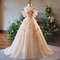 Schöne Rosa Applikationen Ballkleider 2025 Ballkleid Off Shoulder Kurze Ärmel Rückenfreies Sweep / Pinsel Zug Ball Festliche Kleider