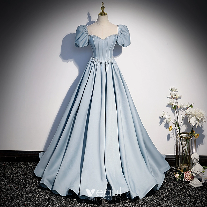 Elegant Sky Blue Pearl Satin Prom Dresses 2022 A-Line / Princess Square  Neckline Puffy Short Sleeve Backless Bow Floor-Length / Long Prom Formal  Dresses