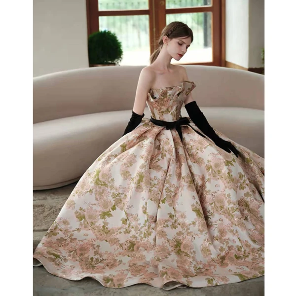 High-end Multi-Colors Printing Prom Dresses 2022 Ball Gown Strapless Sleeveless Backless Bow Sash Floor-Length / Long Formal Dresses