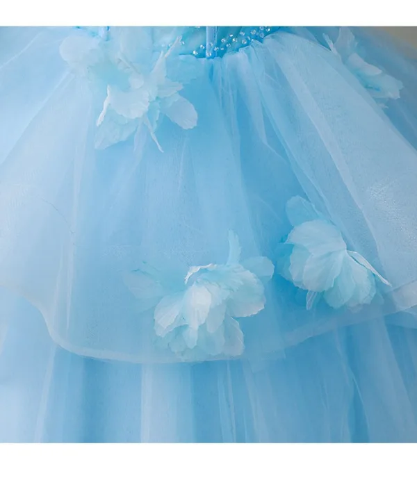Elegant Sky Blue Appliques Beading Prom Dresses 2026 Ball Gown Strapless Sleeveless Backless Floor-Length / Long Prom Formal Dresses