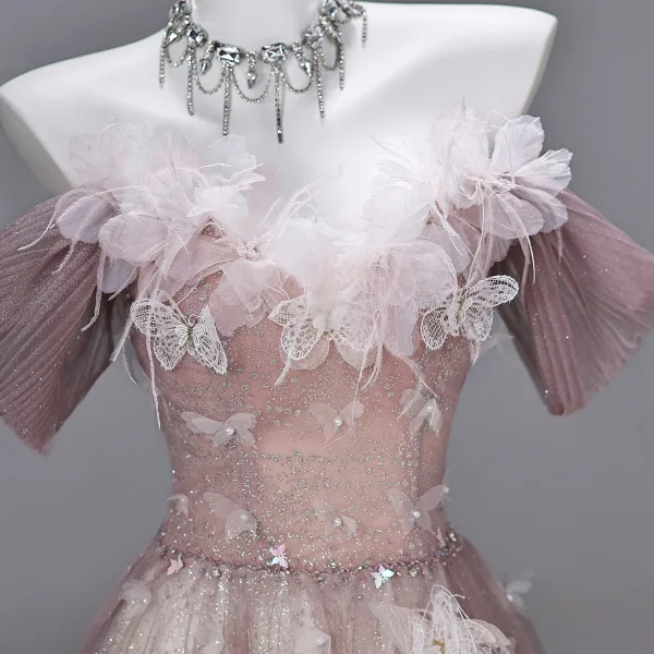 Chic / Beautiful Blushing Pink Sequins Lace Flower Butterfly Appliques Prom Dresses 2026 A-Line / Princess Off-The-Shoulder Short Sleeve Backless Floor-Length / Long Formal Dresses