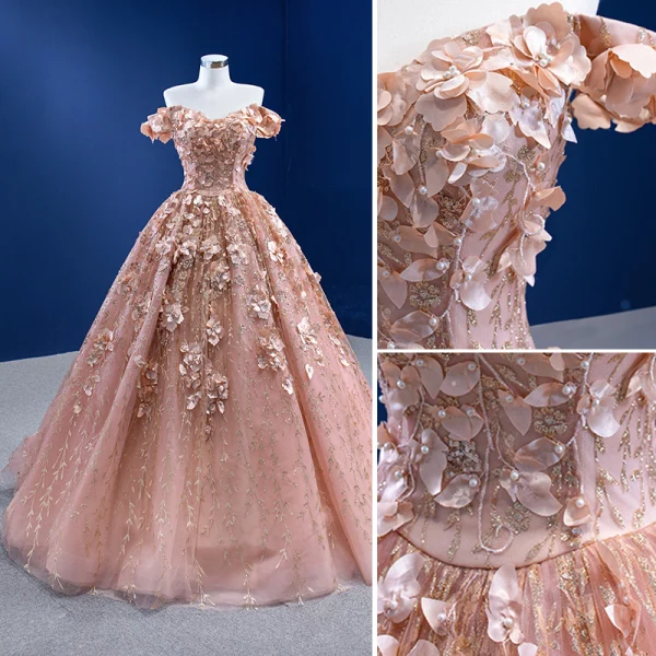 Luxury / Gorgeous Dusky Pink Appliques Wedding Dresses 2022 Ball Gown With Cloak Off-The-Shoulder Pearl Sequins Short Sleeve Backless Floor-Length / Long Wedding
