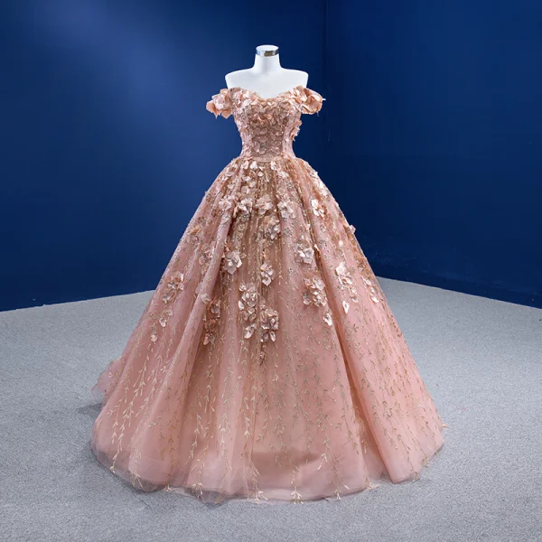 Luxury / Gorgeous Dusky Pink Appliques Wedding Dresses 2022 Ball Gown With Cloak Off-The-Shoulder Pearl Sequins Short Sleeve Backless Floor-Length / Long Wedding