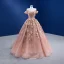 Luxury / Gorgeous Dusky Pink Appliques Wedding Dresses 2022 Ball Gown With Cloak Off-The-Shoulder Pearl Sequins Short Sleeve Backless Floor-Length / Long Wedding