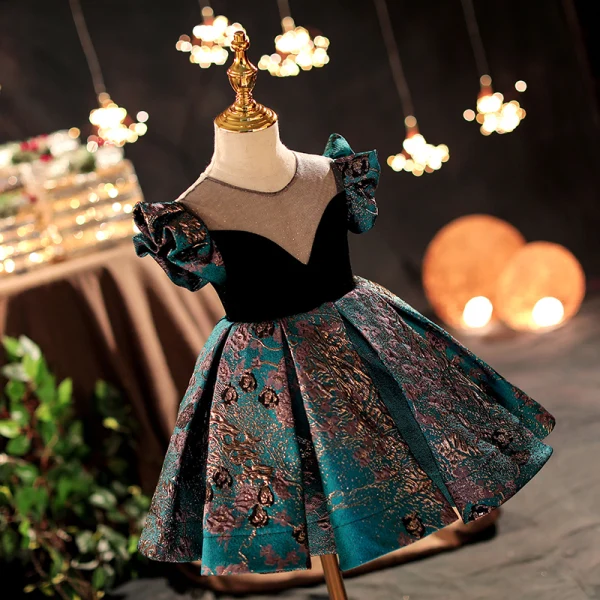 Vintage / Retro Dark Green Sequins Embroidered Prom Flower Girl Dresses 2022 A-Line / Princess Scoop Neck Satin Short Sleeve Short Flower Girl Dresses