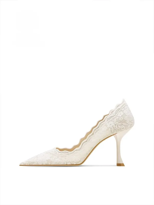 Elegante Weiß Spitze Blumen Leder Brautschuhe 2026 6 cm Stilettos Spitzschuh Hochzeit Pumps