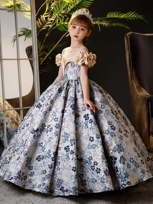 Elegant Sky Blue Printing Birthday Flower Girl Dresses 2024 Ball Gown Scoop Neck Ruffle Short Sleeve Backless Floor-Length / Long