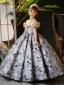 Elegant Sky Blue Printing Birthday Flower Girl Dresses 2024 Ball Gown Scoop Neck Ruffle Short Sleeve Backless Floor-Length / Long