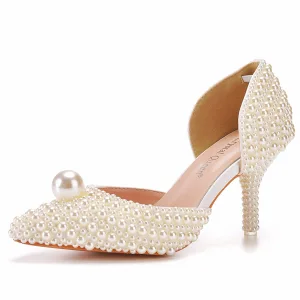 Élégant Beige Perle Chaussure De Mariée 2023 À Bout Pointu 7 Cm Talons Aiguilles Mariage Sandales Talons Hauts