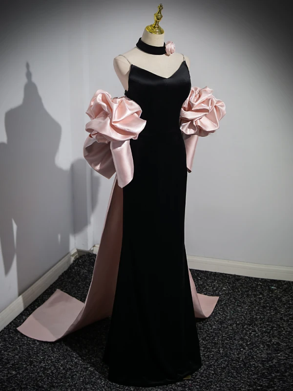 Sexy Noire Robe De Soirée 2023 Trompette / Sirène Bretelles Spaghetti Gonflée Manches Courtes Dos Nu Noeud Train De Balayage Soirée Robe De Ceremonie