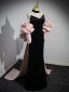 Sexy Noire Robe De Soirée 2023 Trompette / Sirène Bretelles Spaghetti Gonflée Manches Courtes Dos Nu Noeud Train De Balayage Soirée Robe De Ceremonie