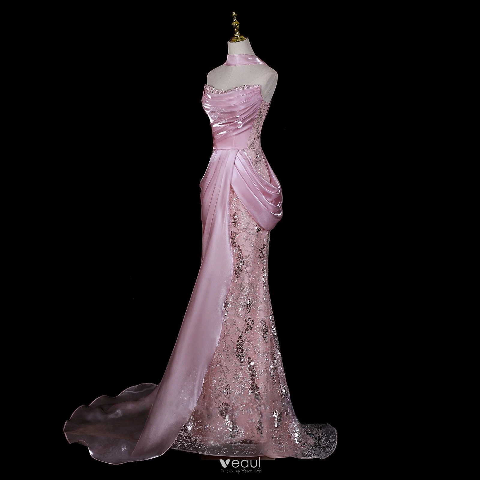Whimsical Candy Pink Beading Rhinestone Sequins Evening Dresses 2026 Satin Trumpet / Mermaid Strapless Sleeveless Backless Sweep Train Formal Dresses Whimsical Candy Pink Beading Rhinestone Sequins Evening Dresses 2026 Satin Trumpet / Mermaid Strapless Sleeveless Backless Sweep Train Formal Dresses