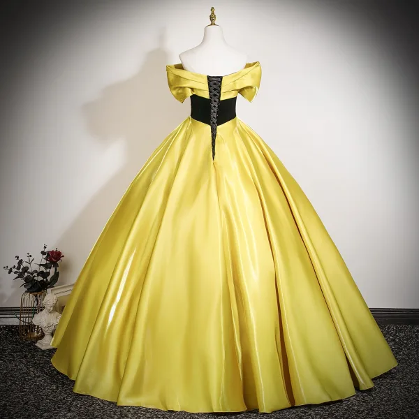 Vintage / Retro Yellow Lace Flower Prom Dresses 2025 Ball Gown Off-The-Shoulder Short Sleeve Backless Floor-Length / Long Prom Formal Dresses