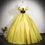 Vintage / Retro Yellow Lace Flower Prom Dresses 2025 Ball Gown Off-The-Shoulder Short Sleeve Backless Floor-Length / Long Prom Formal Dresses