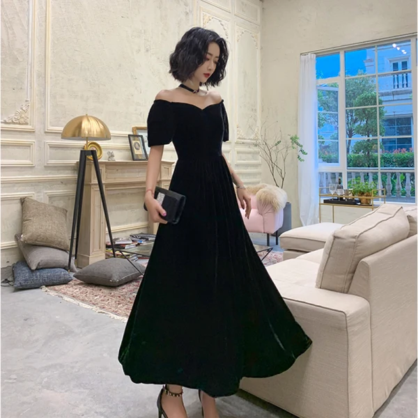 Chic / Belle Noire Daim Robe De Bal 2022 Princesse De l'épaule Manches Courtes Dos Nu Longue Promo Robe De Cérémonie